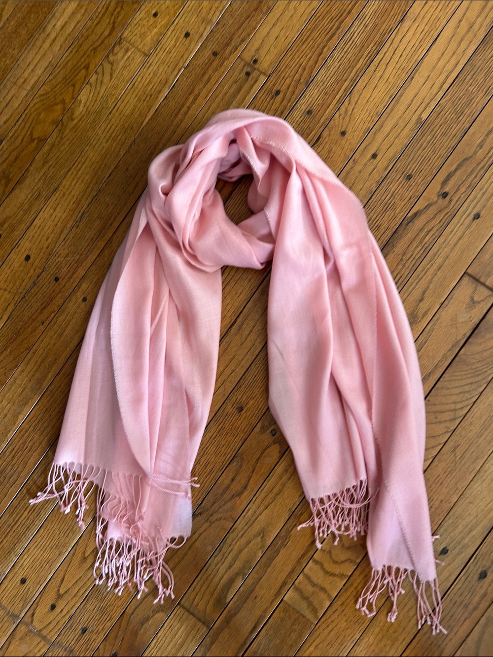 Soft Pink Fringe Scarf in Elongated Rectangle Shape, Lightweight Wool Feel